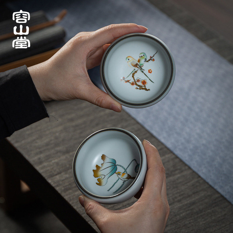 容山堂景致汝窑彩绘茶杯小主人杯个人单杯品茗杯功夫茶盏对杯礼品