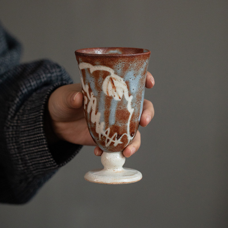 日式酒杯白酒杯高脚杯粗陶手工套装高脚春秋志野异形