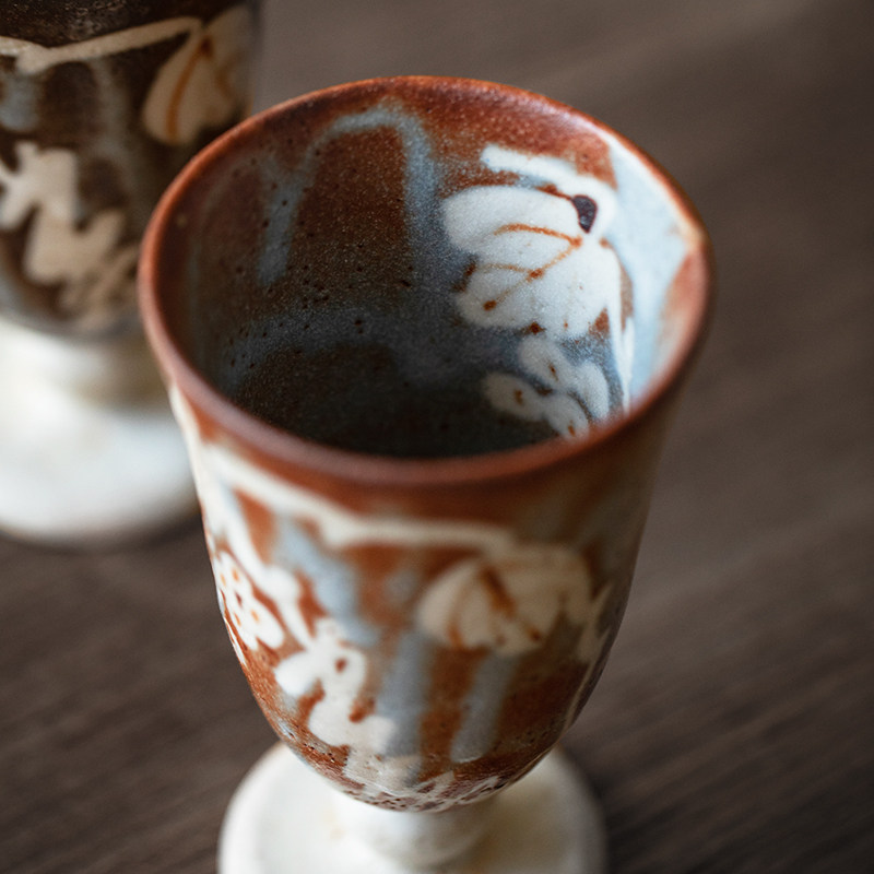 日式酒杯白酒杯高脚杯粗陶手工套装高脚春秋志野异形