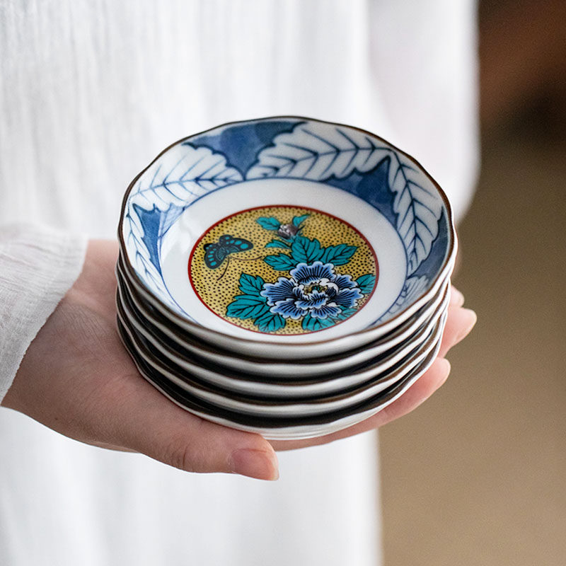 日本进口九谷烧手绘牡丹小碟五件件套家用日式碟
