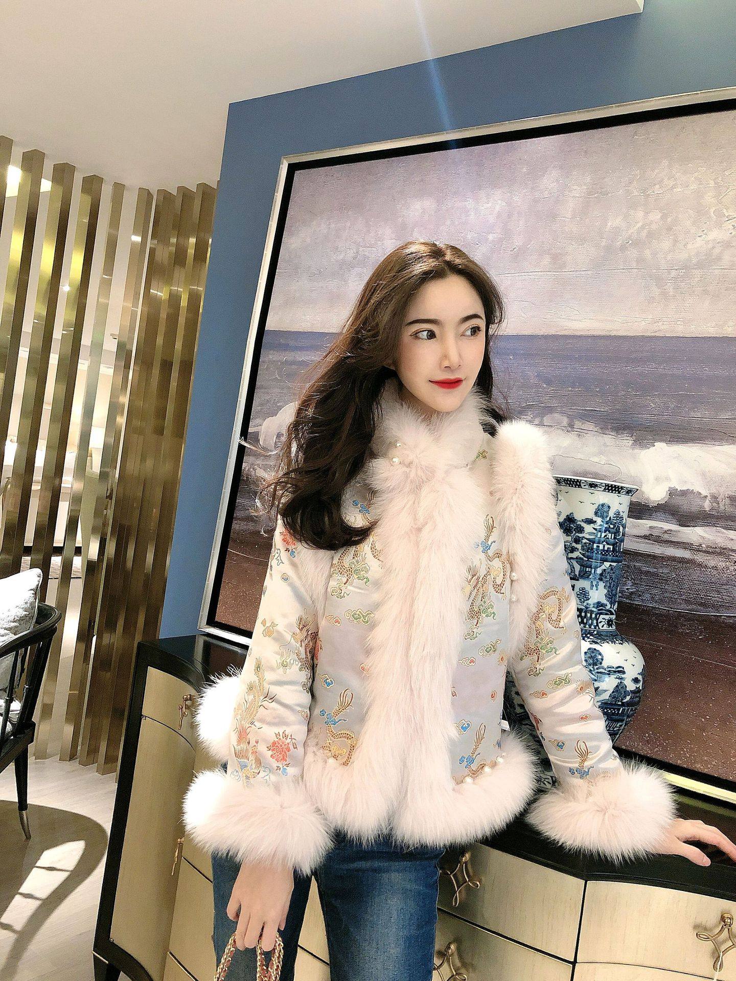 旗袍毛皮草棉中羽绒钉珠皮草狐狸秋冬改良短款旗袍