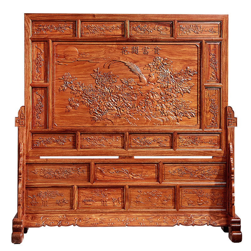 红木屏风花梨木新中式隔断实木刺猬紫檀花开富贵座屏