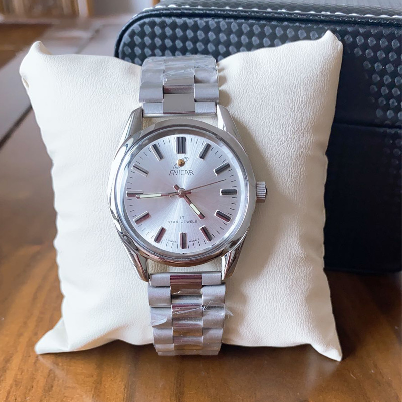 英纳格机械上弦库存瑞士全钢手表男士腕表夜光真皮表带古经典老款