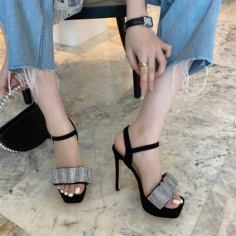 夏季超高高跟鞋细跟凉鞋防水黑色露趾一字扣带时装凉鞋