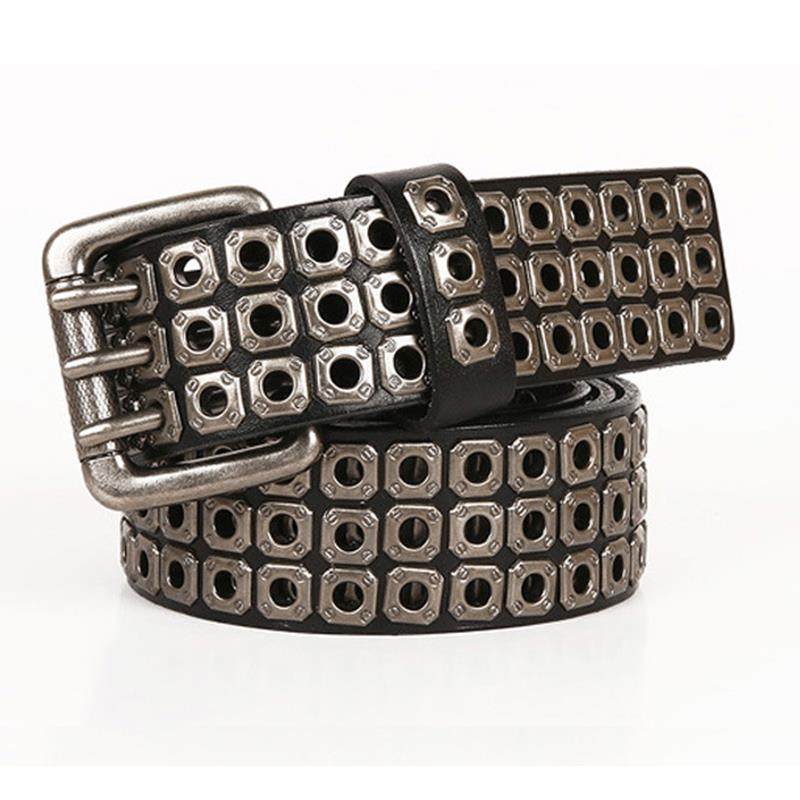 铆钉夜店柳丁腰带牛皮头层男式镂空鸡眼新款腰带