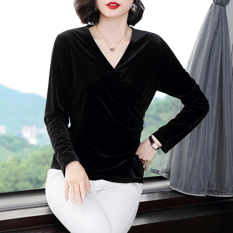 实拍2022春装小衫金丝绒上衣女洋气女士中年妈妈宽松遮肚t恤衫