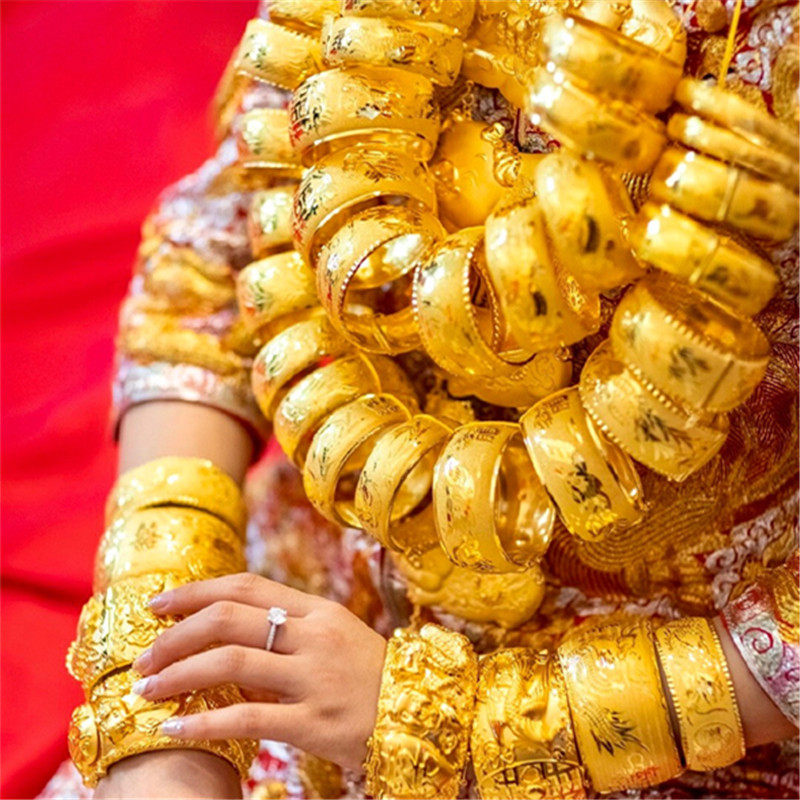 百年好合永结同心结婚镀黄金龙凤手镯新娘婚纱配饰镯子3厘米一对