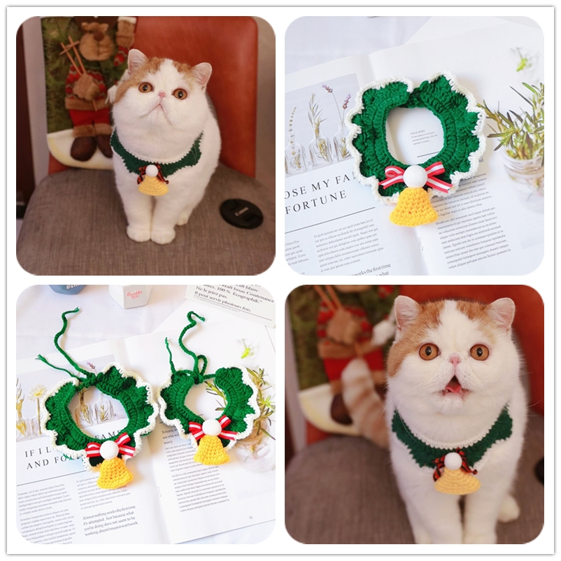 小猫圣诞铃铛项圈手工毛线宠物圣诞装饰品猫咪狗狗围脖围巾颈绳