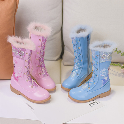 女童靴子2021新款秋冬季加绒爱莎公主长靴高筒二棉鞋儿童雪地棉靴