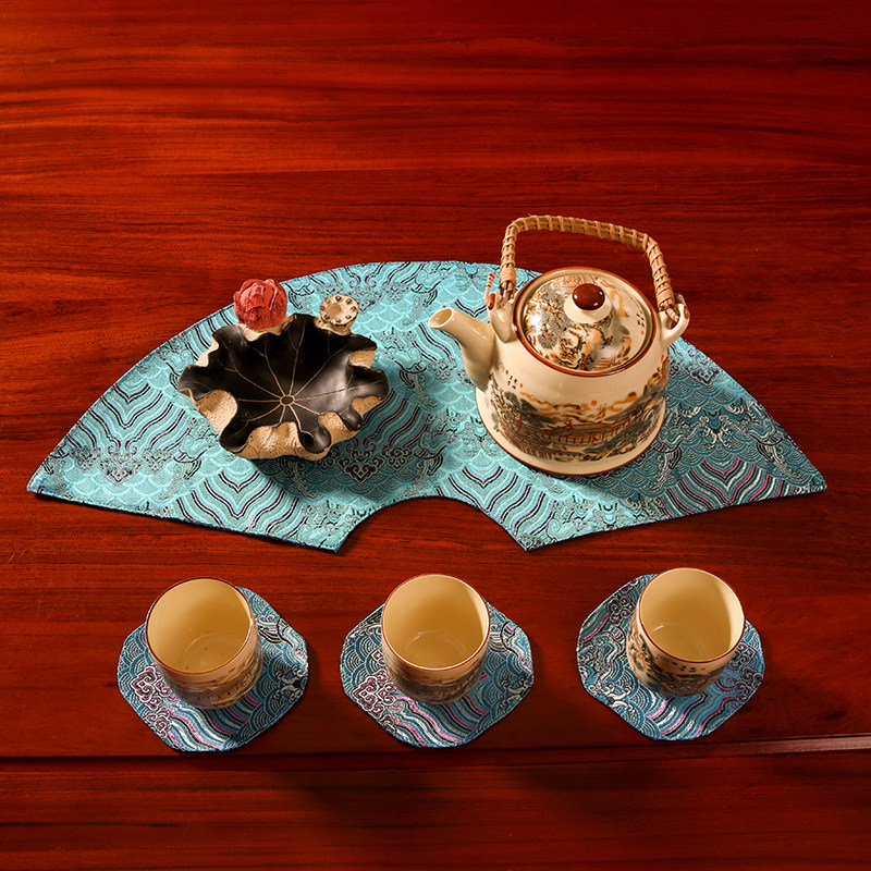 老外中国国风礼品南京云锦扇形茶席刺绣防烫刺绣