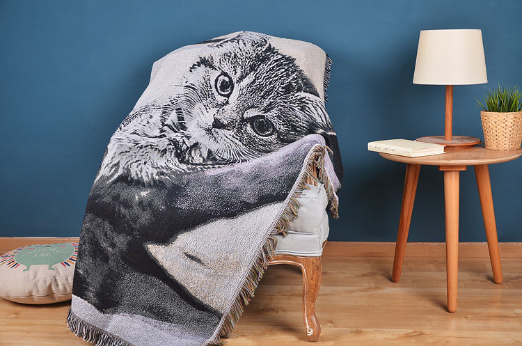 北欧卡通美式猫咪毯子棉质线毯沙发飘窗床尾毯装饰毯毛毯盖毯