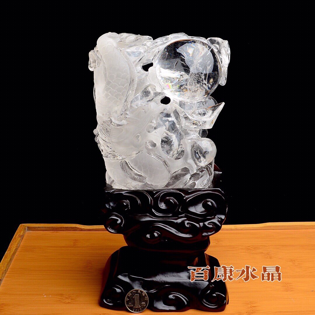 白水晶龙摆件天然盘球戏珠05137奇石