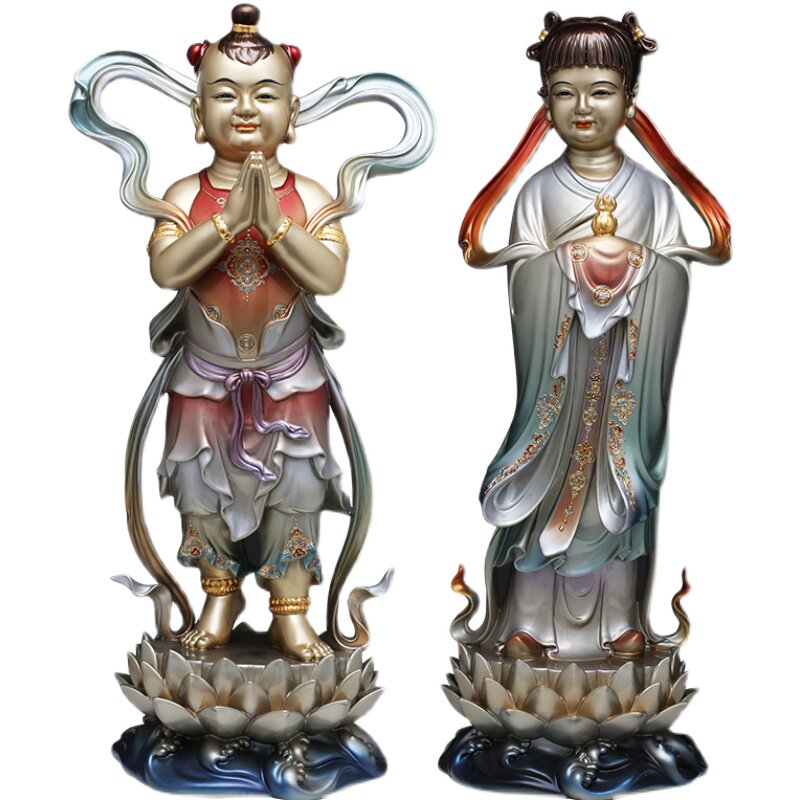 精品铜雕金童玉女佛像家用善财童子龙女女神像童男童女摆件