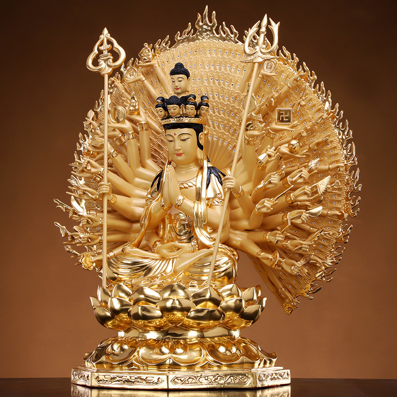 台湾纯铜贴金千手观音佛像供奉家用开光千手观音菩萨本命佛摆件