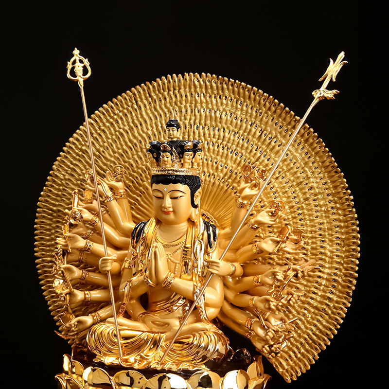 台湾中式本命佛像观音千眼鎏金千手供奉纯铜摆件