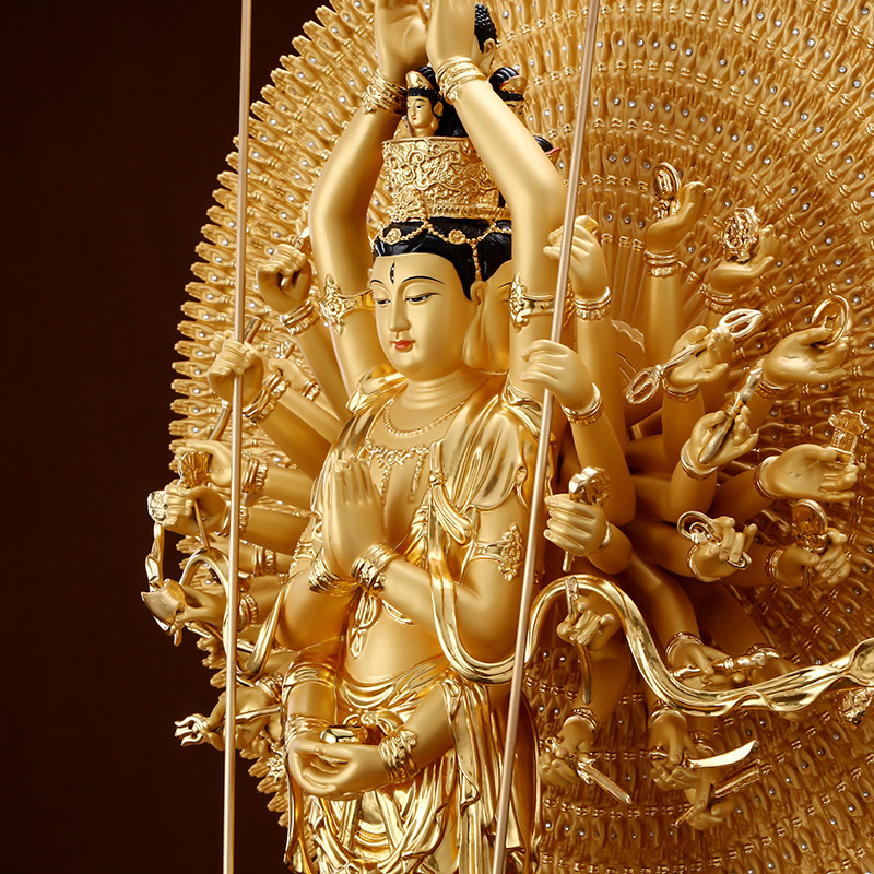 纯铜贴金千手千眼观音佛像站像大号千手观音菩萨家用开光供奉摆件