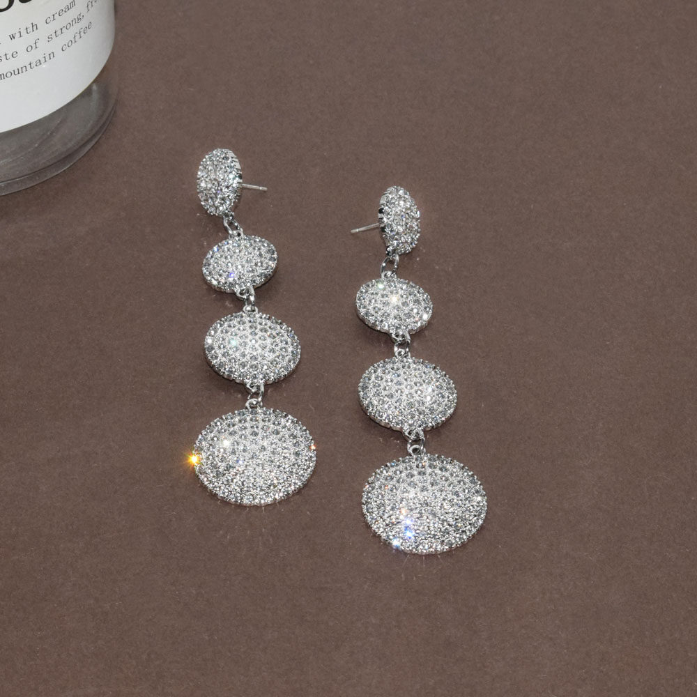 欧美奢华宴会气质银针满钻耳环几何长款镶钻耳环