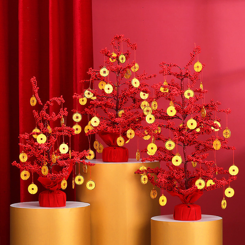 新年装饰摆件创意发财树红包摇钱树室内桌面柜台节日装扮用品