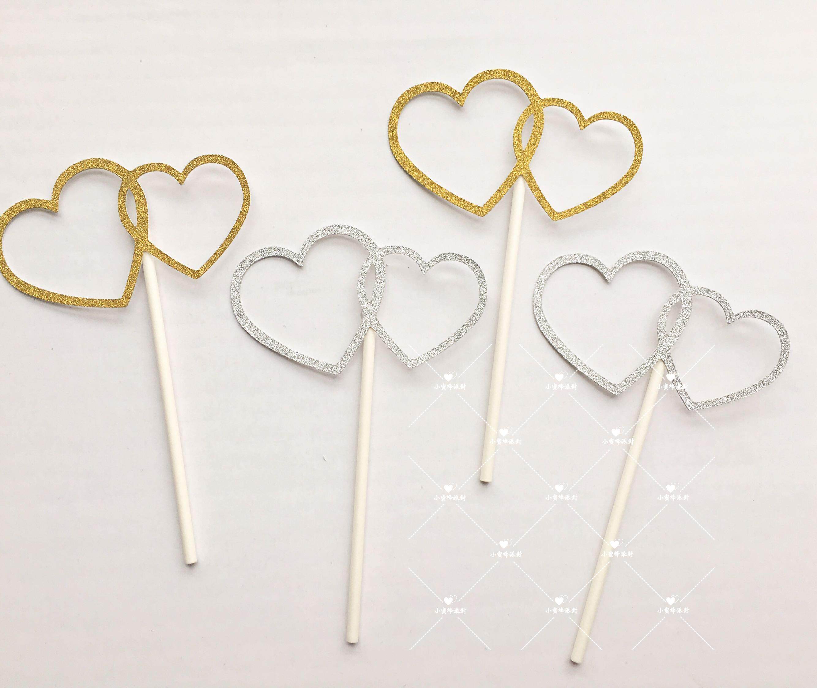 心心相印爱心插牌杯子蛋糕插签生日婚礼甜品桌布置装饰装扮5支