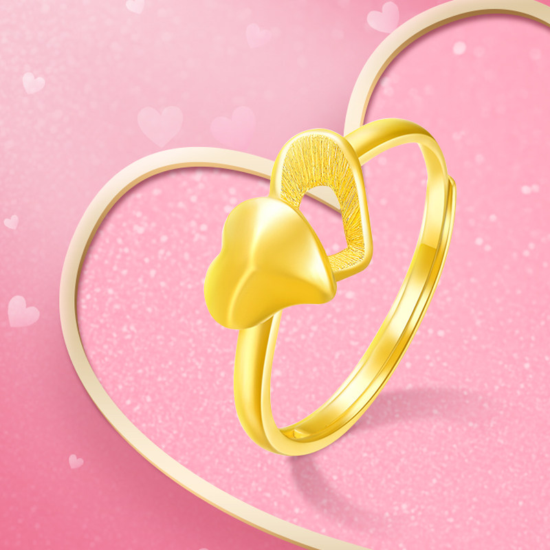 永坤黄金爱心戒指足金双心心心相印拉丝光板活口手饰