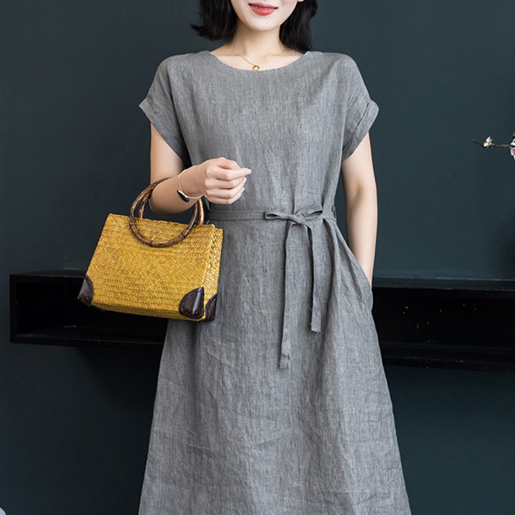 系带收腰显瘦短袖棉麻连衣裙女中裙2021夏季新款复古文艺亚麻裙子