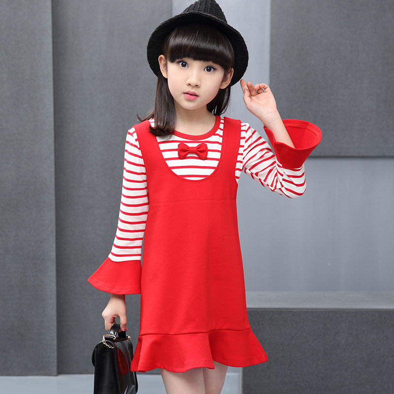 天天特价春季女童公主裙中大童连衣裙小女孩条纹打底衫儿童假两件
