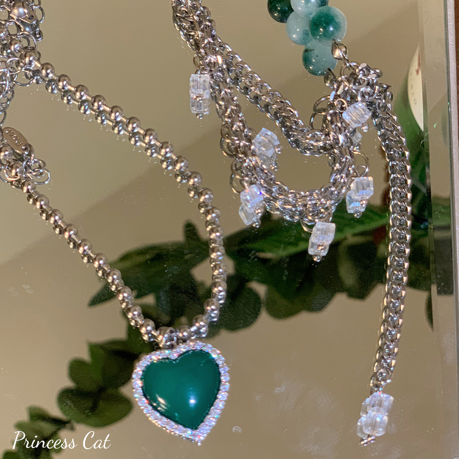 princess爱心锁骨戴锁骨短叠祖母绿catmix拼接玉石项链