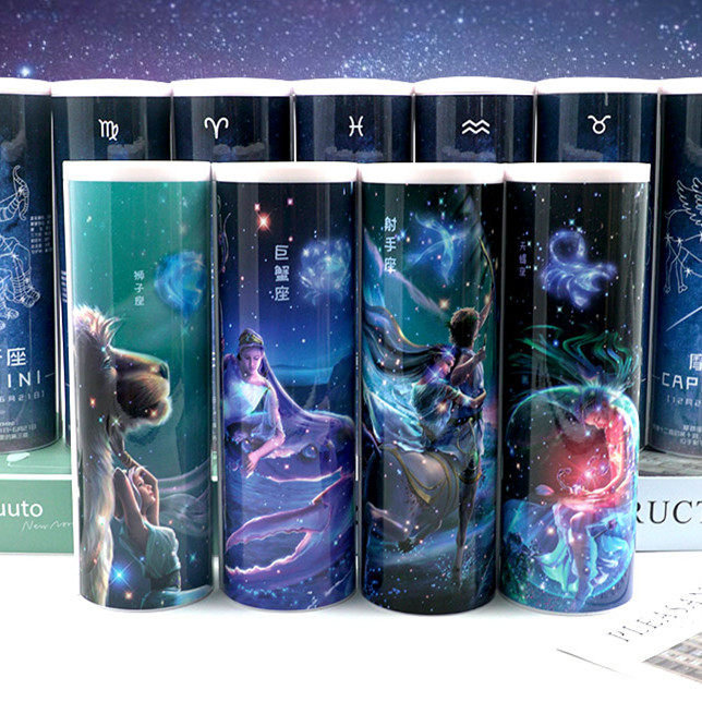 网红文具盒十二星座创意圆筒中小学生笔袋可爱简约女孩文具盒