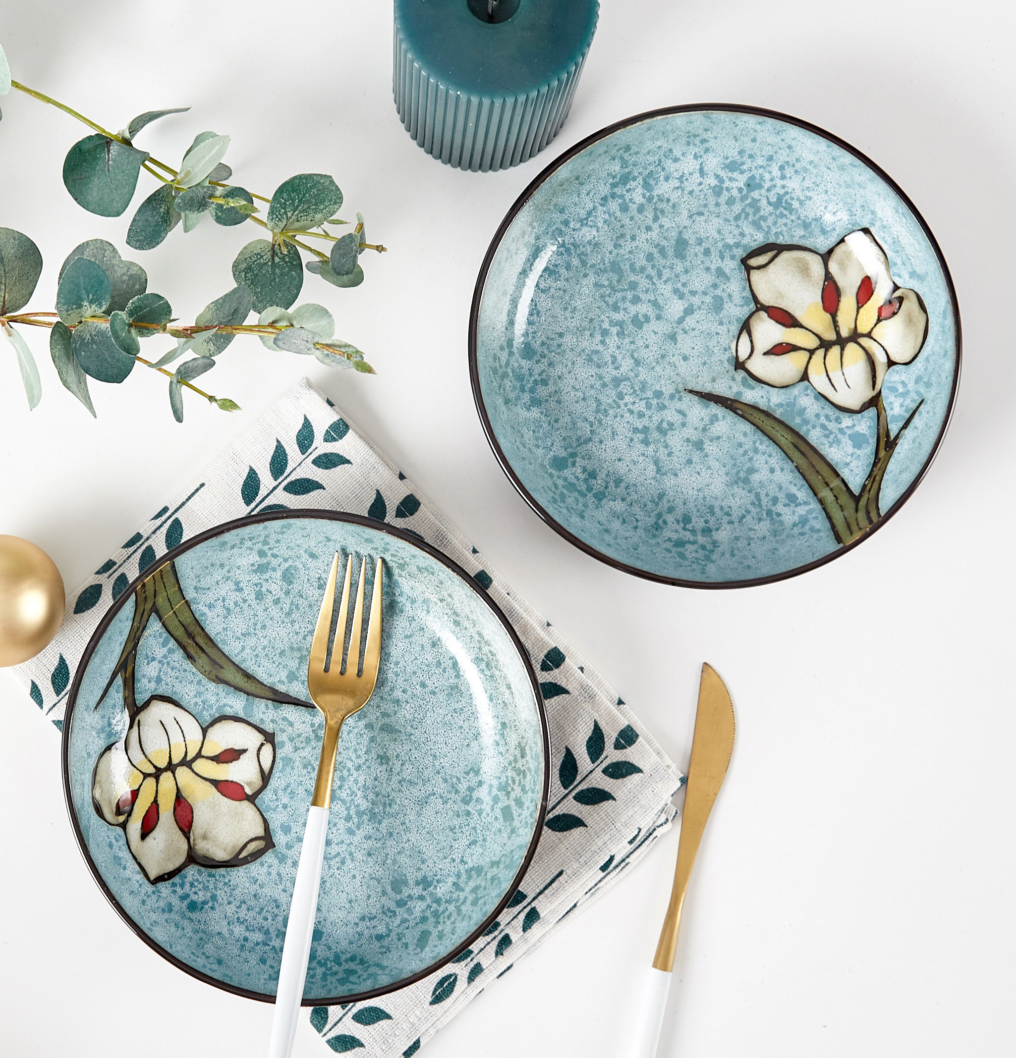 玉泉韩式碗碟套装圆碟中式复古陶瓷盘子日式盘