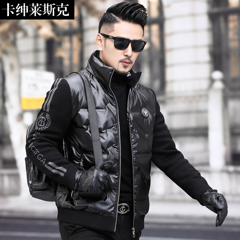 冬季男士羽绒服立领短款针织袖拼接上衣中青年潮流男休闲亮面外套