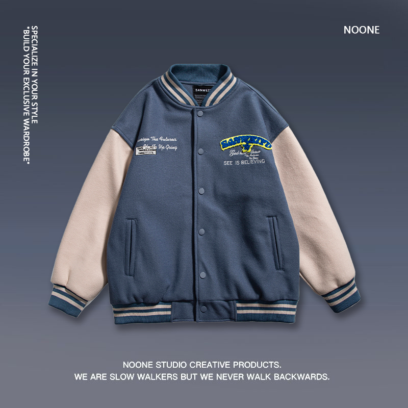 NOONE 永不言弃 复古美式做旧夹克潮牌日系ins情侣街头风棒球服