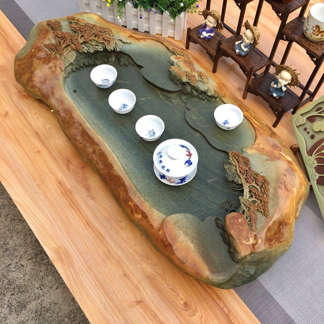 茶盘端砚小型家用小茶台石头现代简约端石整块雕刻茶盘