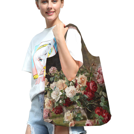 Oil painting rose folding environmental protection shopping bag large portable buying bag school bag handbag shoulder bag print logo Oil painting rose folding environmental protection shopping bag large portable buying bag school bag handbag shoulder bag print logo