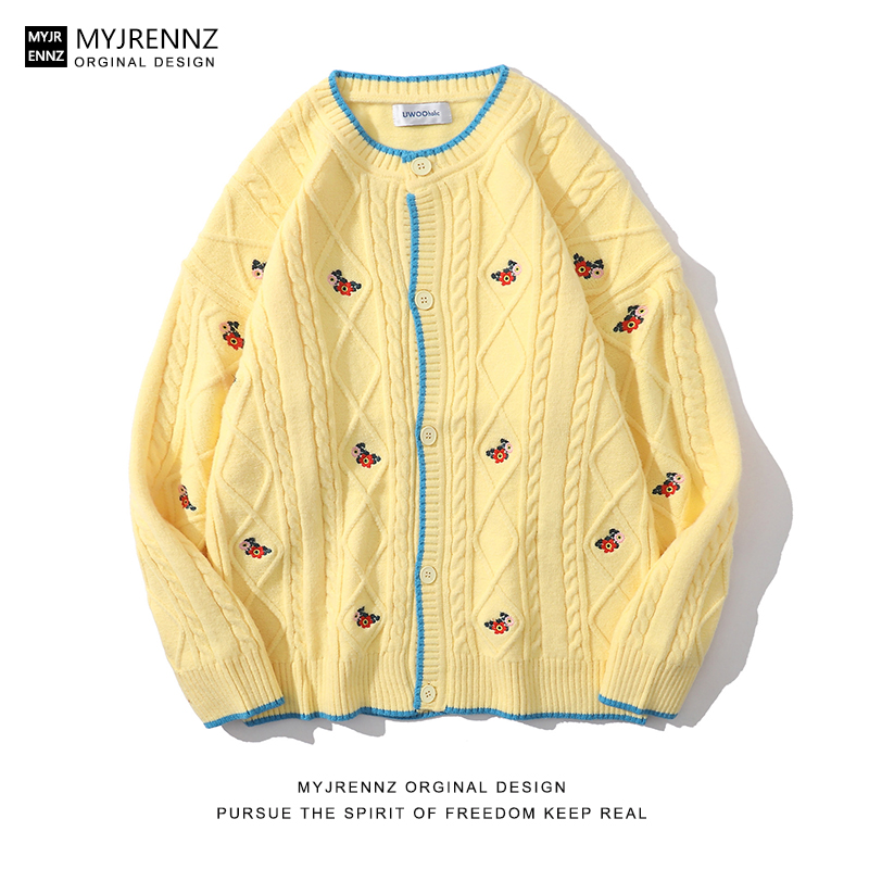 MYJRENNZ秋季日系重工刺绣麻花开衫毛衣男女宽松情侣休闲长袖外套