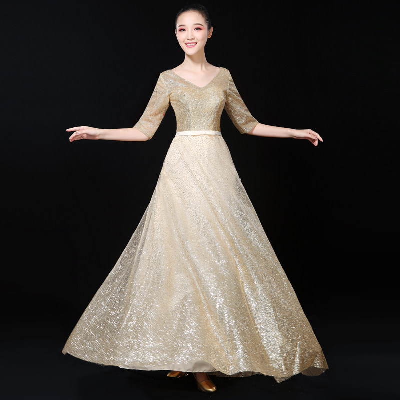 大合唱演出服成人女2021新款大码中老年合唱团长款晚礼服连衣裙
