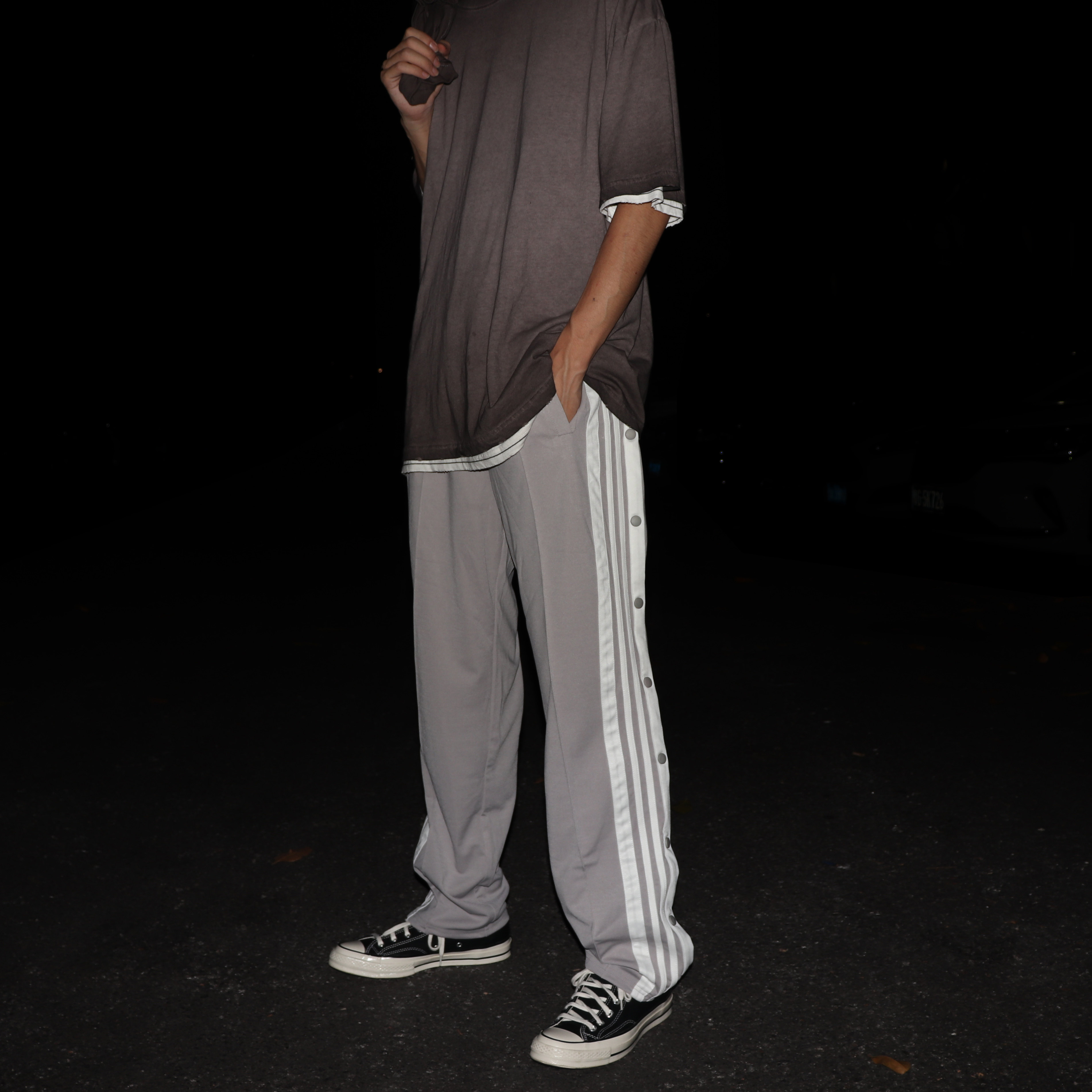 huffnpuff侧扣运动三条杠排扣裤纽扣拖地地直筒高街休闲裤