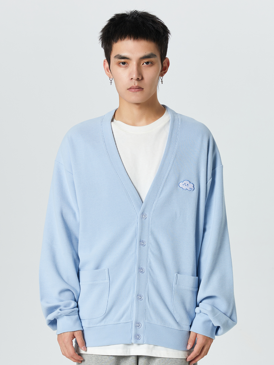 LAMC丨云朵刺绣V领华夫格开衫男女情侣国潮牌宽松休闲学院风外套