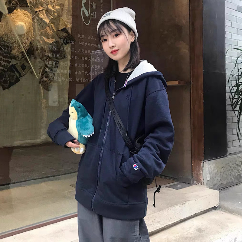 美版正品现货Champion冠军拉链卫衣帽衫男刺绣开衫外套情侣宽松潮