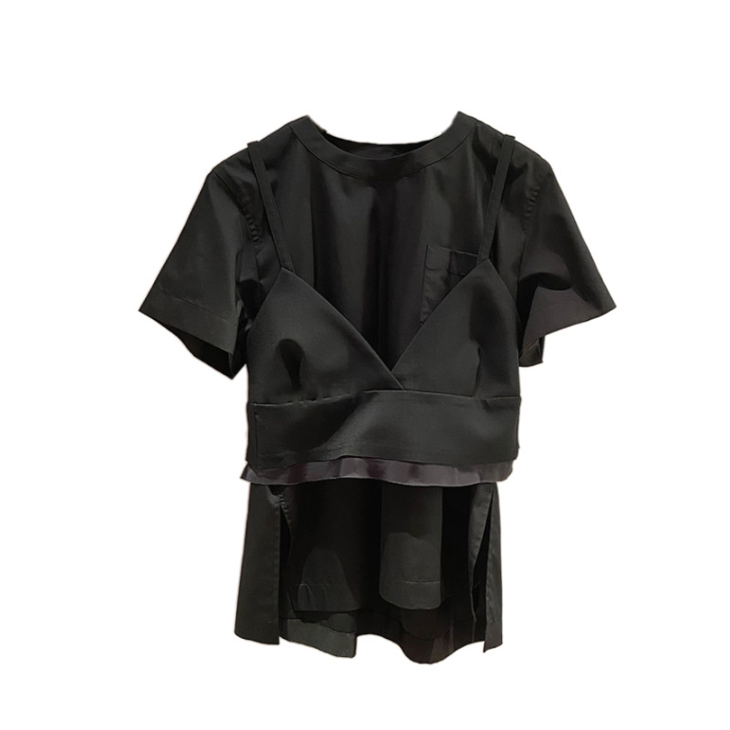 夏装黑色短袖摆开下摆上衣拼接新款两件圆领t恤