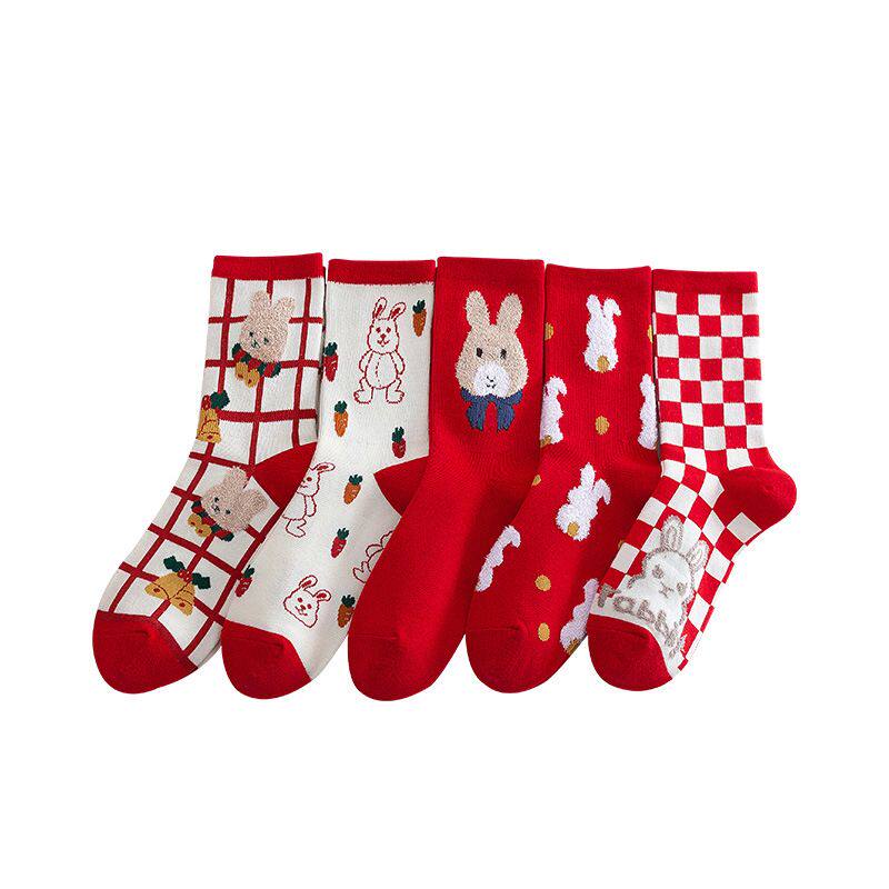 听海2双袜子女兔年大红红色卡通可爱可爱兔兔子中筒袜