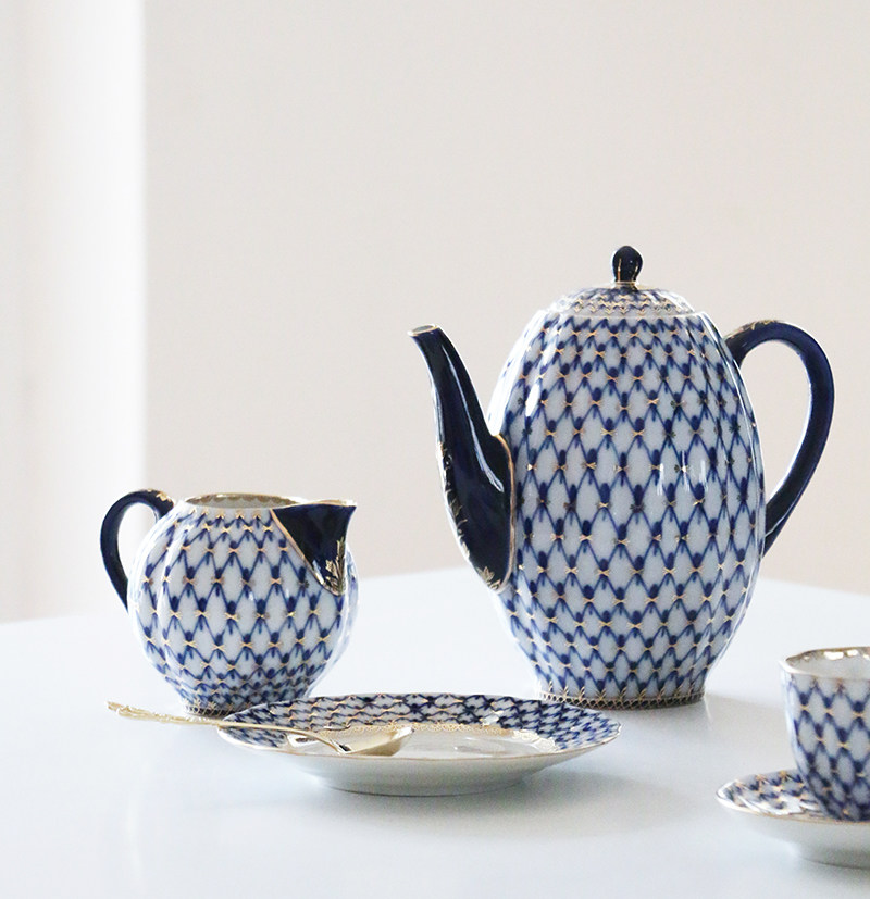 俄罗斯瓷器lomonosov钴蓝网纹cobaltnet咖啡壶茶杯碟糖奶罐