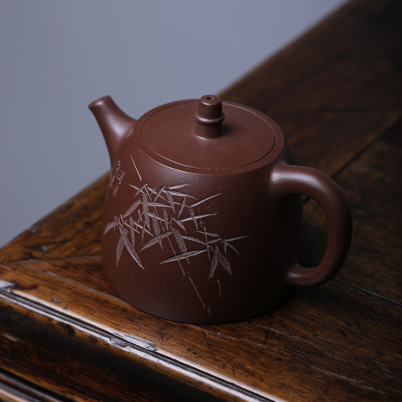 180ml宜兴宜兴紫砂紫砂壶汉铎壶原矿紫泥手工刻竹茶壶茶壶