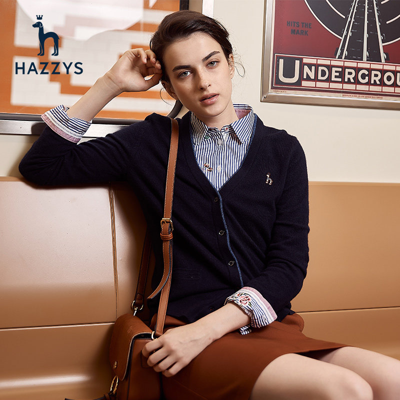 hazzys哈吉斯秋冬新款羊毛衫女2019毛衣开衫休闲v领女长袖秋外套