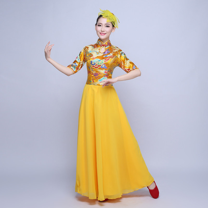 2022新款舞台快板演出服女装长裙中国国风大合唱民族服装