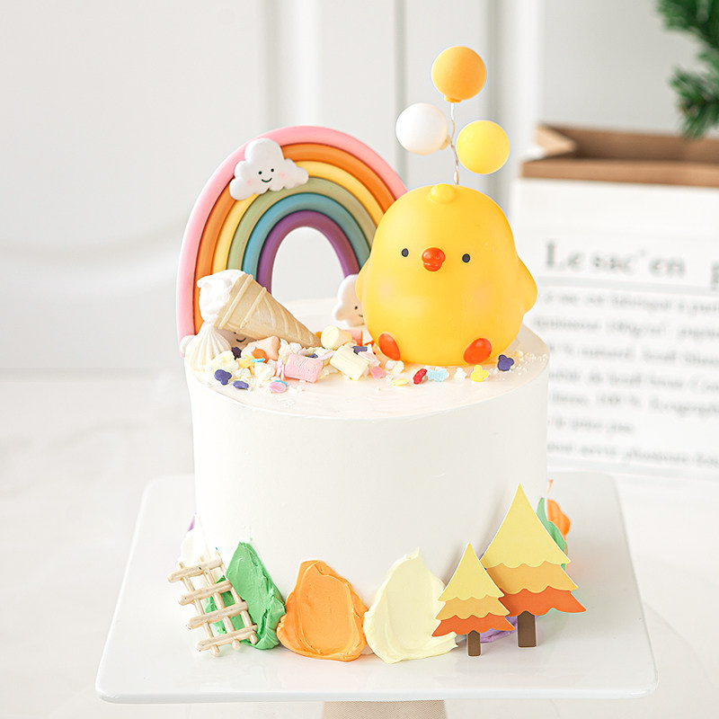 烘焙装饰蛋糕创意黄色小鸡摆件彩虹插件儿童节日装扮用品