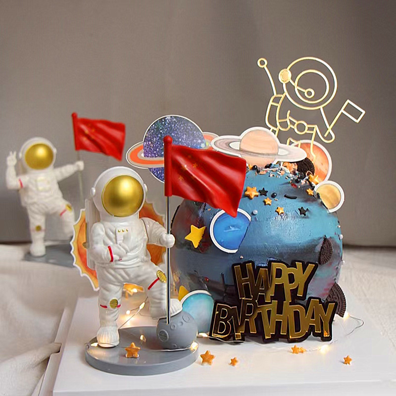 网红创意太空主题儿童生日蛋糕装饰胜利心愿宇航员节日装扮用品