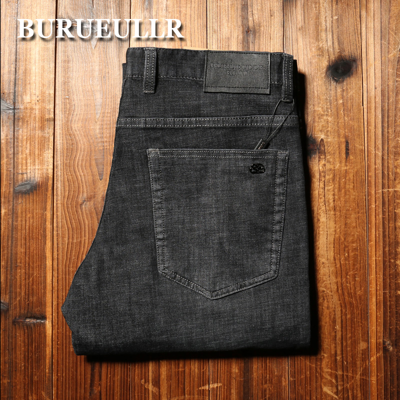 欧洲站男士春夏薄款斜插口袋微弹直筒修身黑色商务休闲薄牛仔裤潮