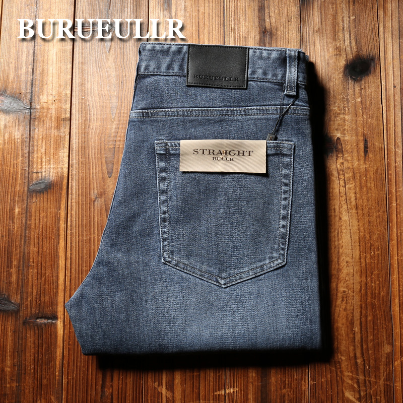 欧洲站秋冬厚款进口丹宁微弹客供定织男士直筒修身烟灰蓝厚牛仔裤