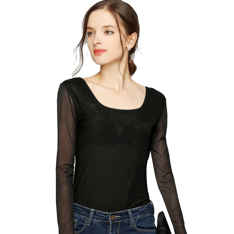 2018秋冬女装低领网纱打底修身上衣小衫圆领t恤