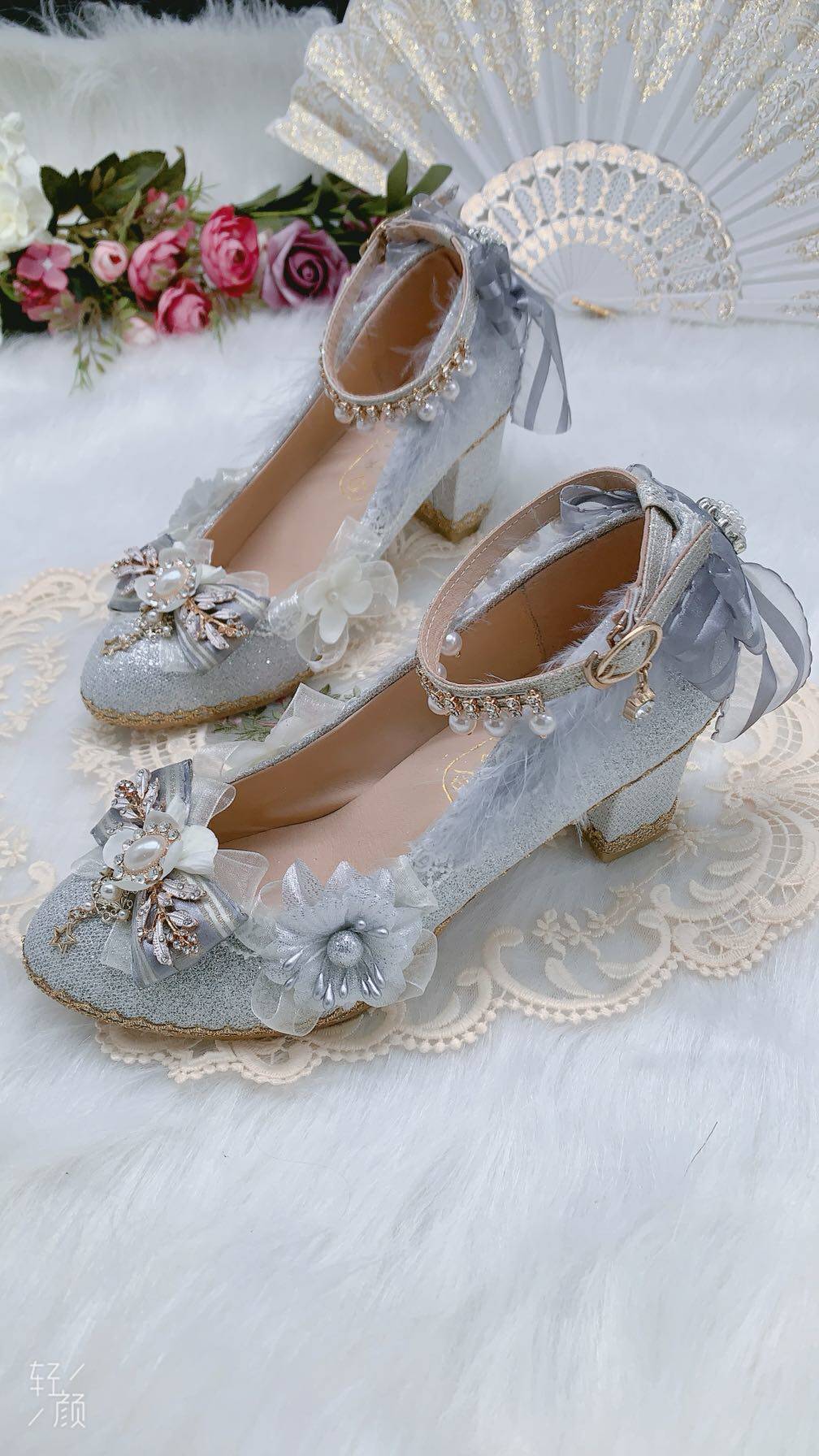一夜物语原创设计lolita花嫁高跟鞋百搭银色圆头lolita洛丽塔鞋类